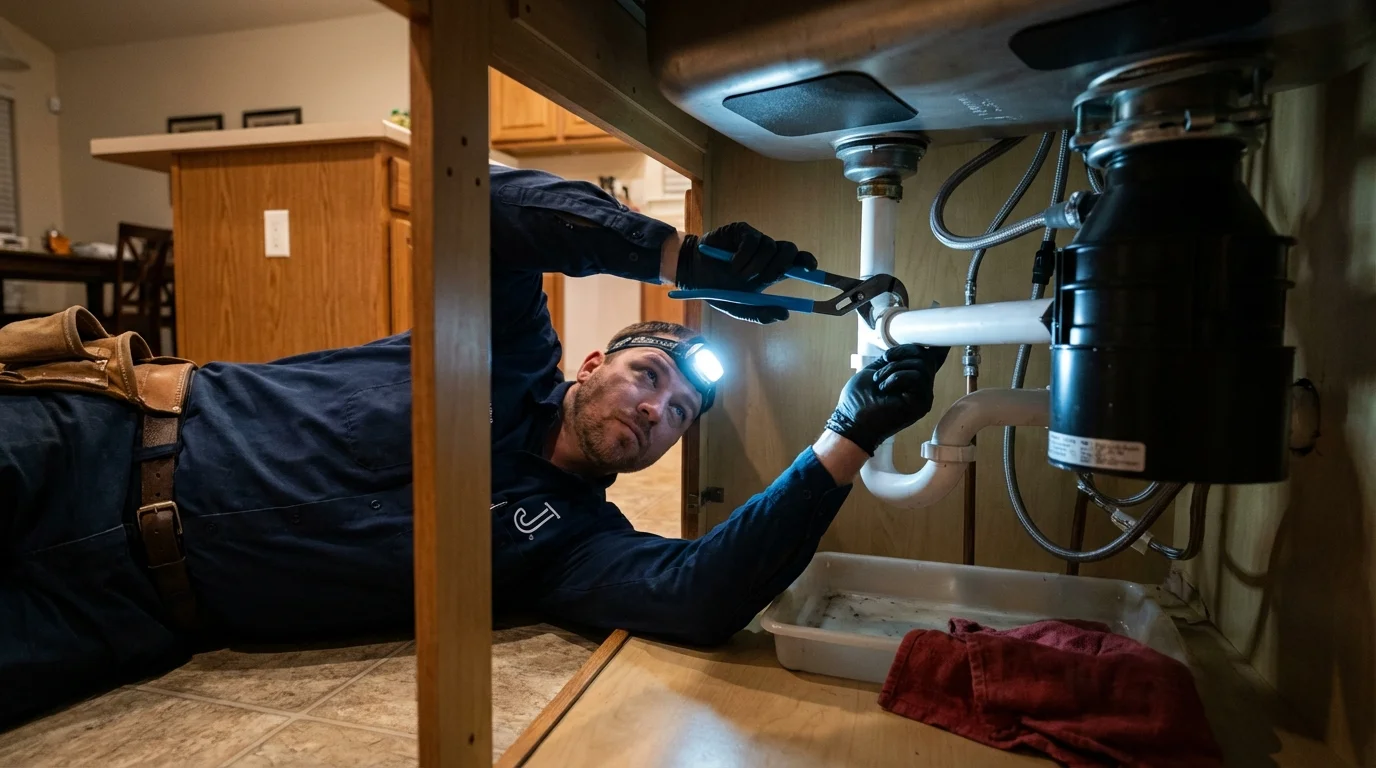 P-trap and supply line connections under a kitchen sink showing a common leak point in Saint James, MD